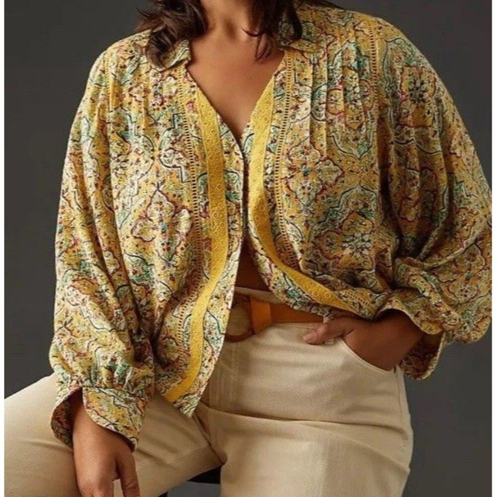 Anthropologie Pilcro Pintuck Peasant Blouse Yellow Floral Lace Trim Size S - Picture 6 of 16